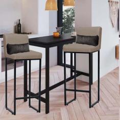 Imagem de Kit 02 Banqueta Alta com Encosto Lucca Industrial Cozinha Balcão Ferro Preto Sintético Bege e Almofada Cinza - Ahazzo Móveis