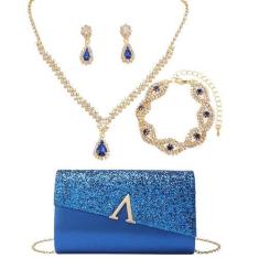 Imagem de Buric Bolsa clutch com glitter para noite para mulheres, bolsa de mão brilhante brilhante feminina de casamento com corrente destacável, conjunto de joias de strass de 4 peças