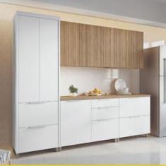 Imagem de Cozinha Completa em MDF Nesher Paris Ripada com 270 cm de Largura, 8 Portas, 6 Gavetas e 12 Prateleiras - Branco/Nature