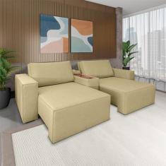 Imagem de Sofá Decorativo Automatizado Shogun 272cm Reclinável 6 Posições Retrátil c/Console Central Entrada USB Bluetooth Linho Dourado G33 - Gran Belo