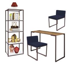 Imagem de Kit Escritório Ravi 2 Cadeiras Suede Azul Marinho com 1 Mesa e 1 Livreiro Ferro Marrom MDF Rústico - Ahazzo Móveis