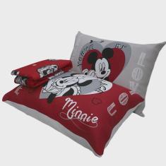 Imagem de Jogo de Cama Portallar Casal Malha Mista Estampado Disney Joy Mickey Minnie Lovers 3 Peças Vermelho