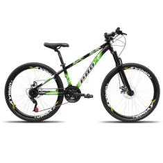 Imagem de Bicicleta aro 26 Freeride PRO X Mandrake Hiten 21 Velocidades Freio a Disco Aros Vmaxx Preto Adesivo Verde e Branco