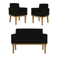 Imagem de Kit Sofá 2 Lugares + Poltrona Base Suede Sala De Estar Preta