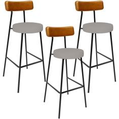 Imagem de Kit 03 Banquetas Alta Cozinha Sala Jantar Aço Milão L02 Couríssimo Whisky Linho Bege - Lyam Decor