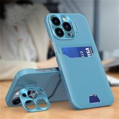 Imagem de Capa de telefone com suporte invisível para suporte de cartão de couro para iPhone 14 13 12 Pro Max Mini capa protetora de lente de metal, azul lago, para iphone 12