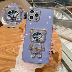 Imagem de Capa de suporte dobrável de urso de areia movediça astronauta para iPhone 15 14 ProMax Plus 13 12 11 Pro Max XR Xs Max Capa macia de silicone de Natal, azul, para iPhone 12
