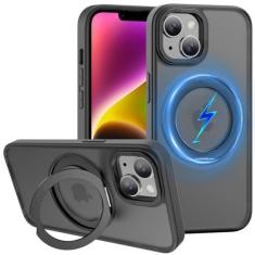 Imagem de ZHK Anel rotativo de 360° para iPhone 14 Plus capa magnética, [à prova de quedas de grau militar] [painel traseiro fosco translúcido] Capa de telefone fina antiderrapante fosca para iPhone 14 Plus de