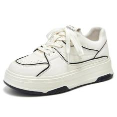 Imagem de BEAU TODAY Tênis feminino moderno, tênis de plataforma grossa para mulheres, sapatos de caminhada antiderrapantes casuais com cadarço, tênis de corrida confortável para mulheres, Bege-preto, 35