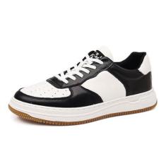 Imagem de Sapatos casuais masculinos de couro genuíno - tênis preto e branco, sapatos esportivos de couro de grão plano para estudantes, Preto, 41