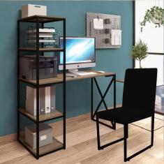 Imagem de Kit Escritório Mesa Max BeX 5 Prateleiras e Cadeira Stan Preto Tampo Imbuia Suede Preto - Ahz Móveis