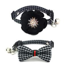 Imagem de PETFAVORITES Coleira de flor para cães e gatos pequenos - pacote com 2 coleiras fofas florais e xadrez com gravata borboleta de remoção e pingente de flor cravejado de pistilo de cristal de luxo