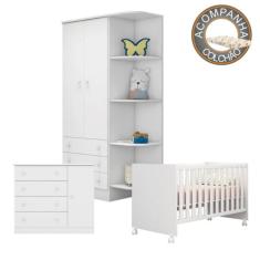 Imagem de Kit Quarto de Bebê Completo Berço 1344 Com Rodízios Com Colchão Nana Nenem, Guarda Roupa 825 e Cômoda 2561 Linha Doce Sonho Qmovi Umaflex