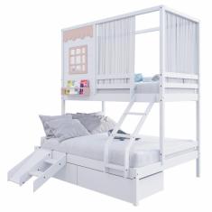 Imagem de Beliche Casinha Reta Casal- Solteiro Com 02 Gavetas Escorregador E Cortina Madeira Branco- Rosa