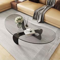 Imagem de Mesa de centro de vidro vintage, mesa final abstrata moderna, base de madeira maciça de meados do século e tampo de vidro transparente para sala de estar, pátio, sala de estudo, escritório,