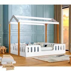 Imagem de Cama Infantil com Colchão D28 Casal Casinha Segura Montessoriana Ágatha - Branco/mel