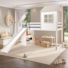 Imagem de Cama Alta Infantil Cabana Family com Escorregador e Estante Casatema Branco/off White