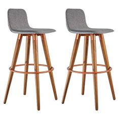 Imagem de KIT 2 BANQUETAS ALTAS LUXO VERSATIL AÇO COBRE LINHO CINZA BASE CARVALHO