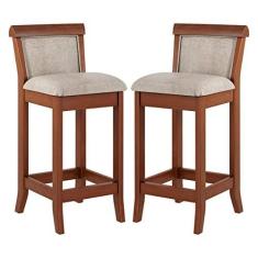 Imagem de Kit 2 Banquetas Média Estofada Encosto Mônaco 36x90Cm Bancada Madeira Maciça Linho Bege M58 - RMI