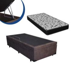 Imagem de Cama Box Baú Solteiro Colchão Espuma D33 Bordado + Box Suede Marrom Sp