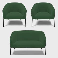 Imagem de Sofá Namoradeira e 2 Poltronas Pé de Ferro Preto Stella Veludo Verde D03 - D'Rossi