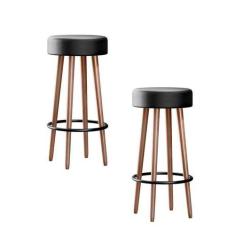 Imagem de Kit 2 Banquetas Banco Alto Berlin Couro Preto Bar Cozinha Pés Madeira 