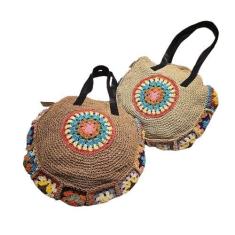 Imagem de Bolsa Artesanal Praia Forrada Redonda Crochê Grande Verão (Palha)