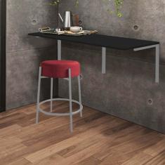 Imagem de Kit Mesa Suspensa de Parede Fixa MDF Preto + 1 Banqueta Sintra Ferro Prata Corino Vermelho - Ahazzo Móveis