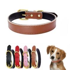 Imagem de Coleira de couro para cães pequenos, acolchoada de toque macio, couro bovino genuíno, fivela dourada, durável, coleira ajustável para cães PP, tamanho médio, grande, marrom, PP