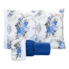 Imagem de Jogo De Lençol Estampado Solteiro 02 Peças Flores Azul Escuro