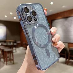 Imagem de Capa de telefone de carga sem fio galvanizada de luxo para iPhone 14 13 12 11 Pro Max Plus Soft Bumper Glitter Cover, Sky Blue, para iPhone 13