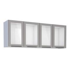Imagem de Armário Aéreo de Cozinha Cinza em Aço Montado 144cm com Porta de Vidro