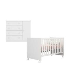Imagem de Quarto de Bebê Berço c/ Rodízios e Cômoda Doce Sonho Branco Qmovi