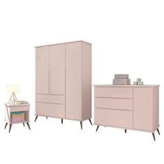 Imagem de Jogo de Quarto Infantil Retrô Alice Guarda Roupa, Cômoda com Porta e Mesinha Rosê - PR Baby
