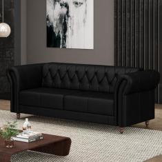 Imagem de Sofá Living Sala de Estar Stanford Chesterfield 2 Lugares 180cm Pés de Madeira Couro Preto Brilho G58 - Gran Belo