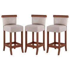 Imagem de Kit 3 Banquetas Média Estofada Encosto Diamantina 36x90Cm Balcão Madeira Maciça Linho Bege M58 - RMI