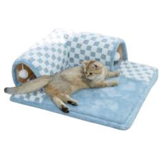 Imagem de Cama de túnel de gato para gatos de interior | Túnel de brinquedo 2 em 1 para gatos com carpete | Brinquedo interativo em forma de L | Ninho de gato lavável e dobrável, acessório para animais de
