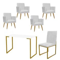 Imagem de Kit Escritório Stan 4 Poltronas Rodapé com Cadeira e Mesa Industrial Branco Dourado Tecido Sintético Branco - Ahz Móveis