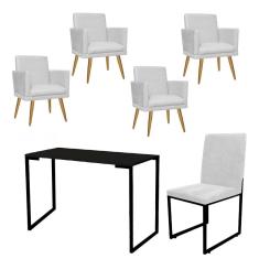 Imagem de Kit Escritório Stan 4 Poltronas Rodapé com Cadeira e Mesa Industrial Tampo Preto Tecido Sintético Branco - Ahz Móveis