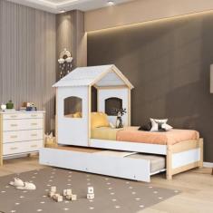 Imagem de Bicama Infantil Solteiro Casinha Madeira Maciça e Mdf Casatema Branca/natural