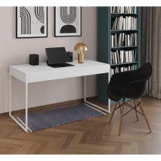 Imagem de Escrivaninha Home Office Estilo Industrial Malta Preta 137x53cm Ferro Branco com 1 Poltrona Branca E