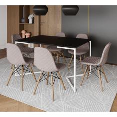 Imagem de Mesa Industrial Retangular Preta Base V Aço Branco 137x90cm C/ 6 Cadeiras Madeira Estofadas Nude Méd
