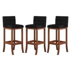 Imagem de Kit 3 Banquetas Alta Encosto Estofado 38x100 Cm Espanha Madeira Maciça Castanho Suede Preto ccs