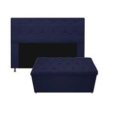 Imagem de Kit Cabeceira e Calçadeira Baú Estofada Mel 140 cm Casal Com Capitonê Corano  Marinho - Doce Sonho Móveis