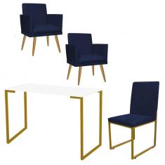 Imagem de Kit Escritório Stan 2 Poltronas Rodapé com Cadeira e Mesa Industrial Branco Dourado Suede Azul Marinho - Ahz Móveis