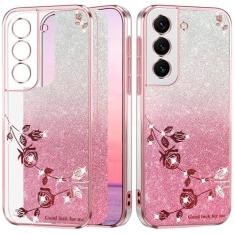 Imagem de Yarxiawin Capa para Samsung Galaxy S22 Plus com glitter transparente para mulheres e meninas capa de telefone brilhante Samsung S22 Plus capa de silicone macio à prova de choque flor transparente roxa