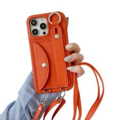 Imagem de Capa de telefone crossbody com alça de pulso para iPhone 13 12 Mini 15 14 11 Pro XS Max XR 7 8 Plus Porta-cartões Capa de couro com cordão, laranja, para iPhone 12pro max