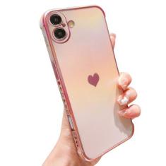 Imagem de phylla Capa de telefone para iPhone 16 de 6,1 polegadas 5 g luxuosa banhada com coração fofo iridescente arco-íris capa protetora a laser proteção da câmera silicone macio à prova de choque lateral