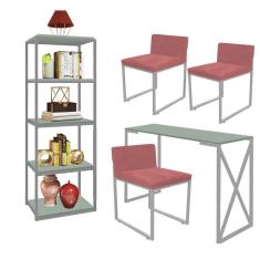 Imagem de Kit Escritório Bex 3 Cadeiras Suede Rose com 1 Mesa e 1 Livreiro Ferro Cinza MDF Verde Oliva - Ahazzo Móveis