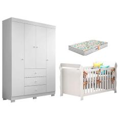 Imagem de Berço Americano Lara e Guarda Roupa Duda 4 Portas Branco Brilho com Colchão Gazin - Phoenix Baby